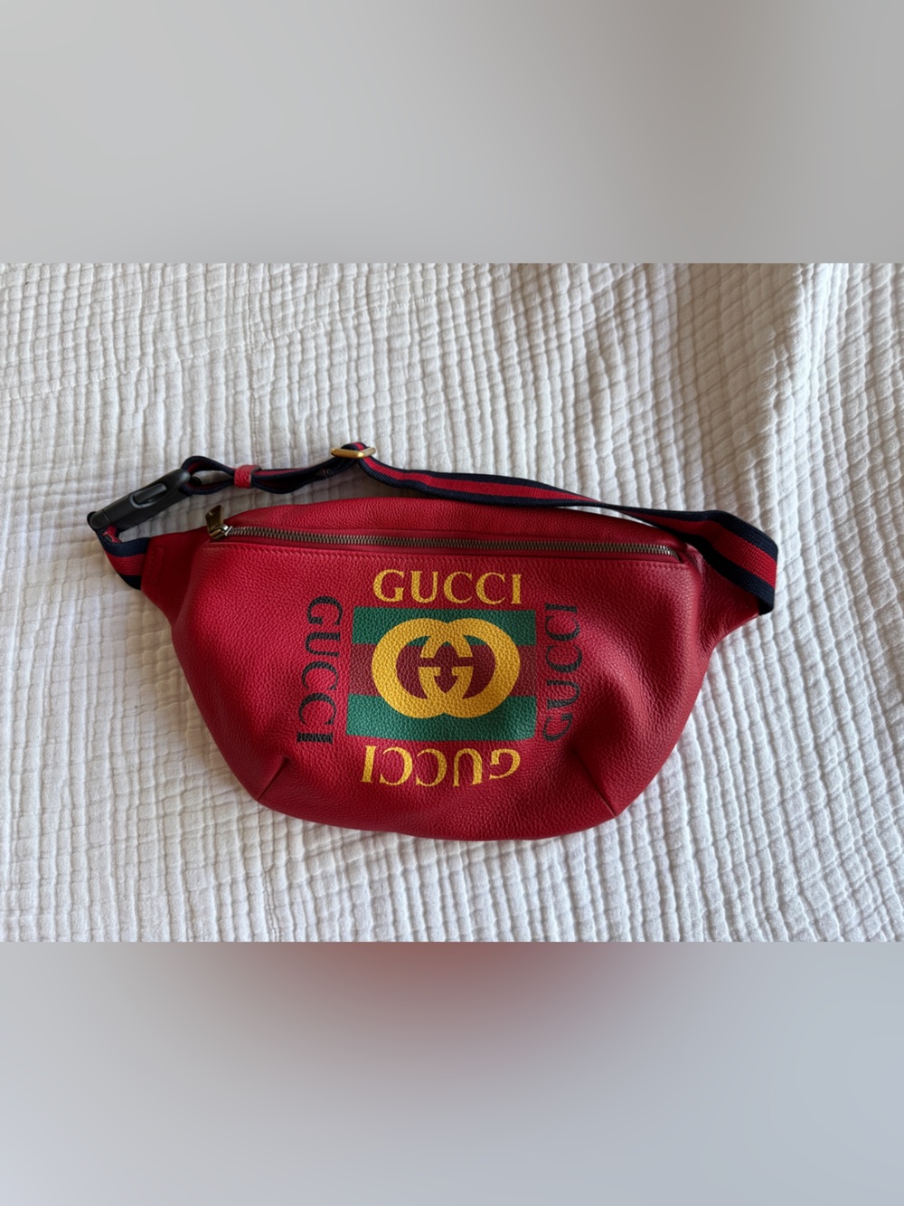 Gucci Red Leather Belt Bag with Green and Gold Logo